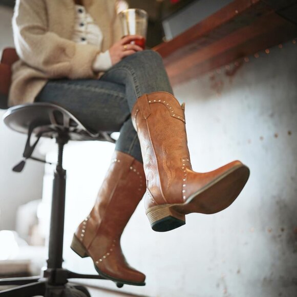 Women White Rivet Vintage Elements Mid-Calf Cowgirl Boots Square Toe Chunky - Picture 3 of 6